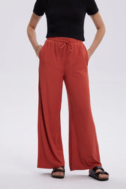 Pantalón Mujer Rib Palazzo Liso Pretina Terracota