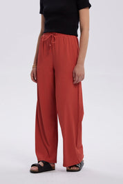 Pantalón Mujer Rib Palazzo Liso Pretina Terracota