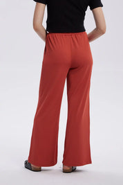 Pantalón Mujer Rib Palazzo Liso Pretina Terracota