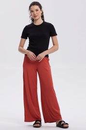 Pantalón Mujer Rib Palazzo Liso Pretina Terracota