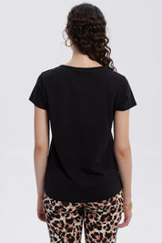 Polera Mujer Print Aplicación Folia Negro