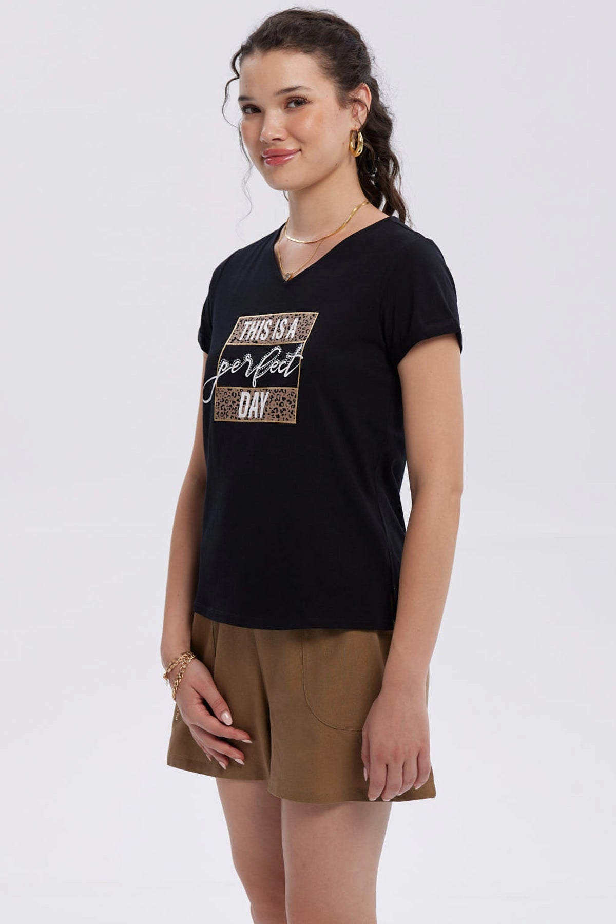 Polera Mujer Dobladillo Manga Negro