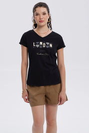 Polera Mujer Dobladillo Manga Negro