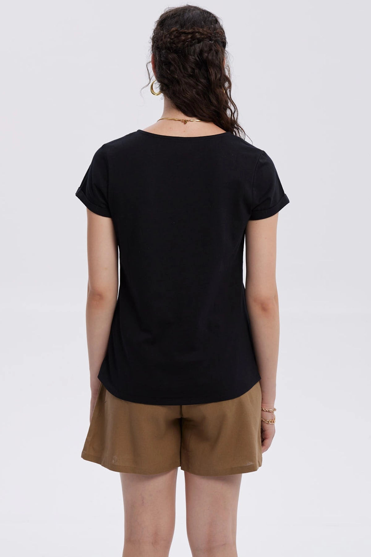 Polera Mujer Dobladillo Manga Negro