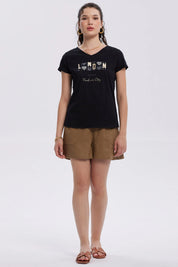 Polera Mujer Dobladillo Manga Negro