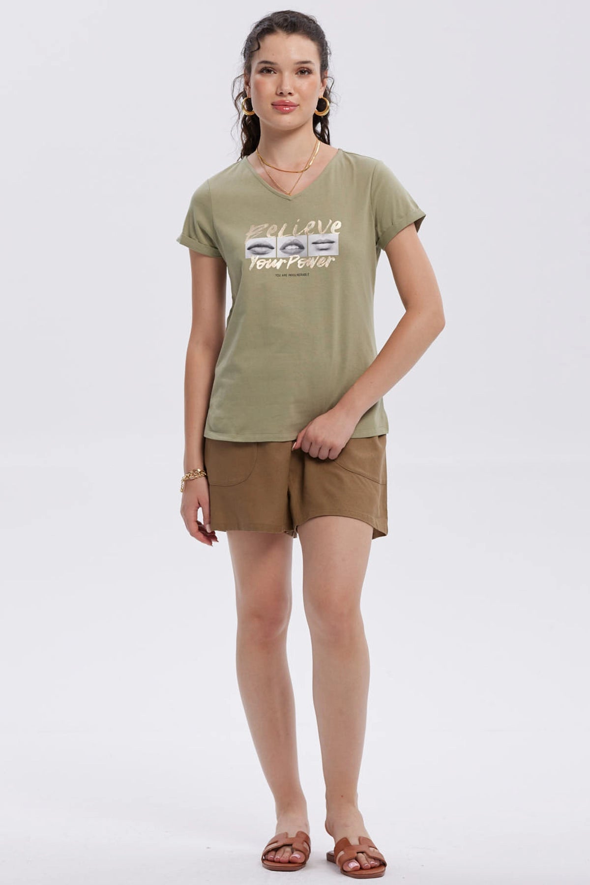 Polera Mujer Dobladillo Manga Verde Musgo