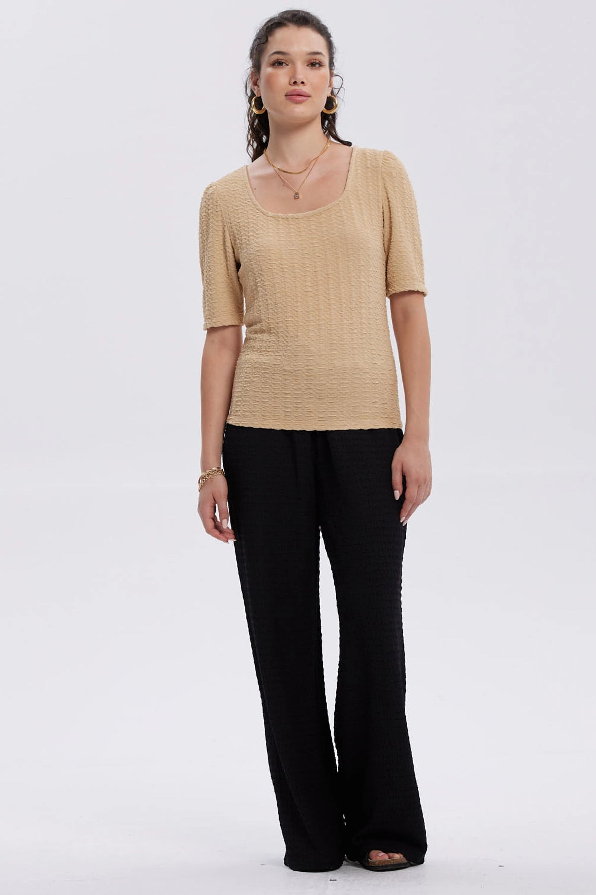 Pantalón Mujer Con Cordón Y Textura Negro