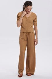 Pantalón Mujer Con Cordón Y Textura Beige