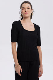 Polera Mujer Manga Globo Texturizada Negro
