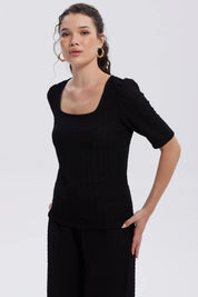 Polera Mujer Manga Globo Texturizada Negro