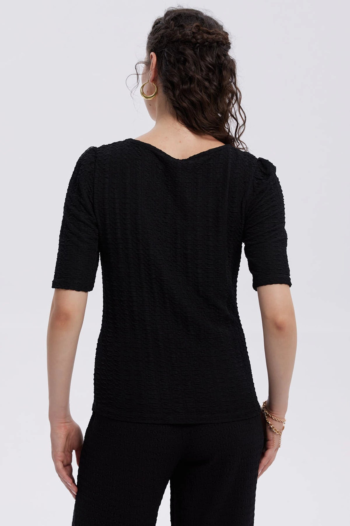 Polera Mujer Manga Globo Texturizada Negro