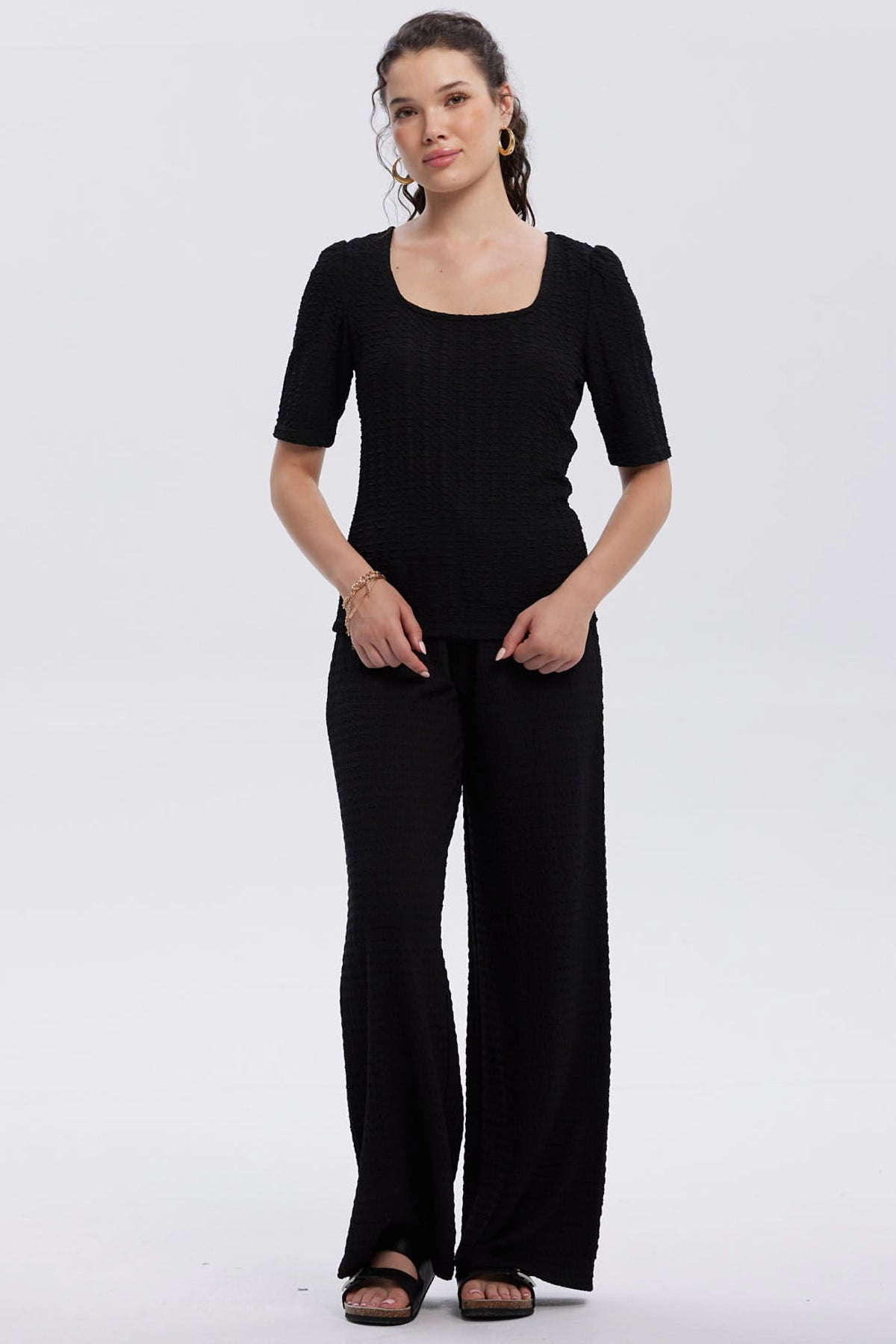 Polera Mujer Manga Globo Texturizada Negro