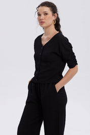 Polera Mujer Abotonada Con Textura Negro