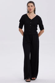 Polera Mujer Abotonada Con Textura Negro