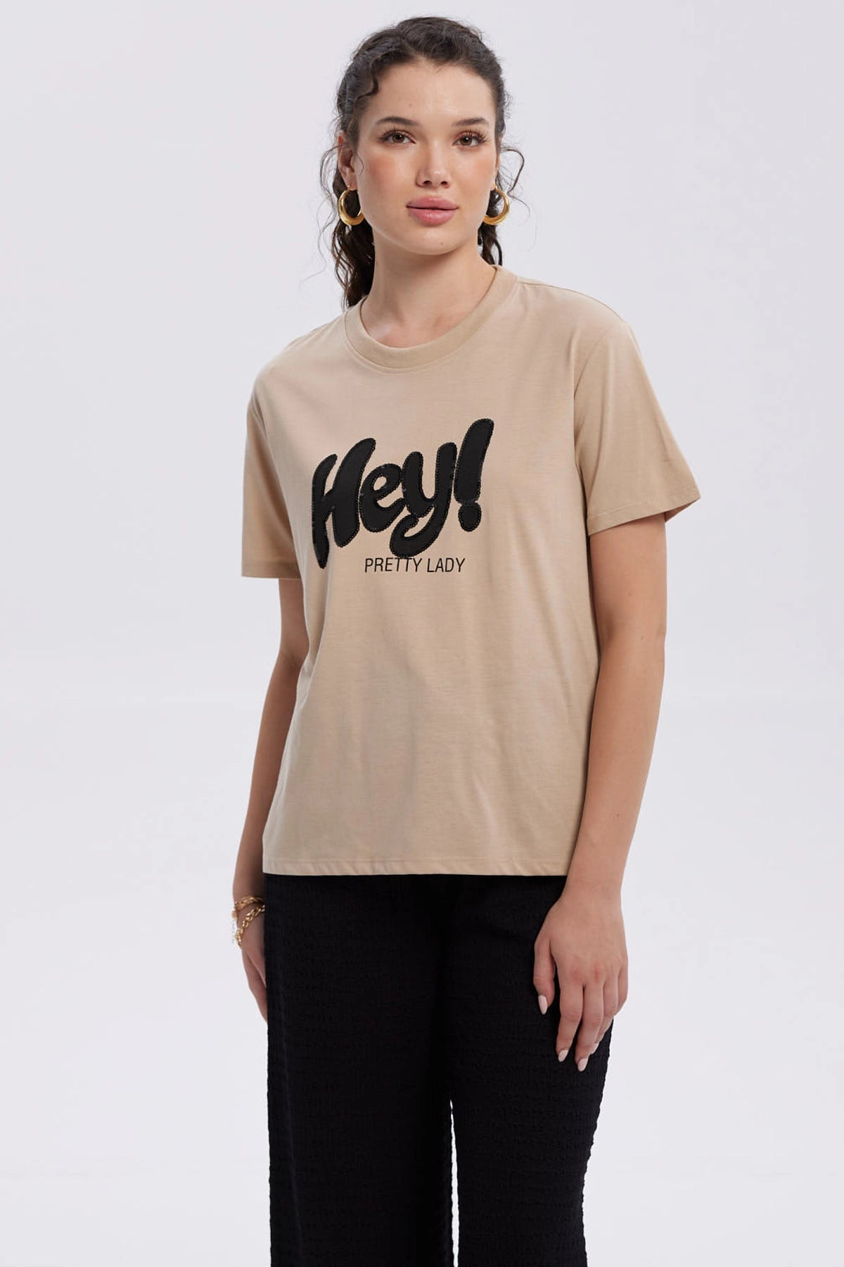 Polera Mujer Print Con Aplicación Beige
