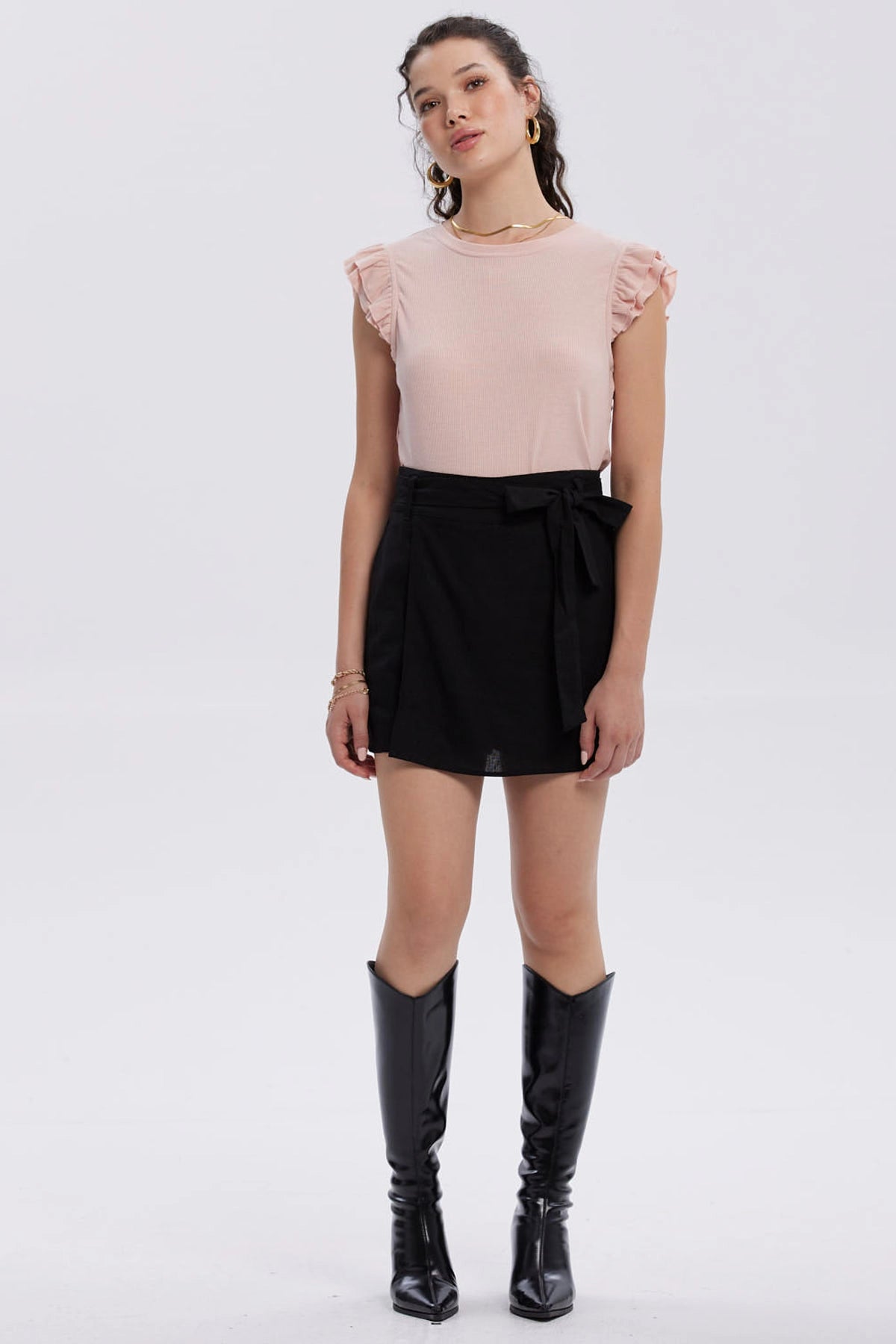 Falda Mujer Short Lino Amarra Cintura Negro