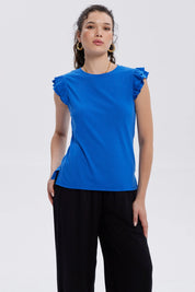 Polera Mujer Vuelos Rib Lisa Azulino