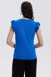 Polera Mujer Vuelos Rib Lisa Azulino