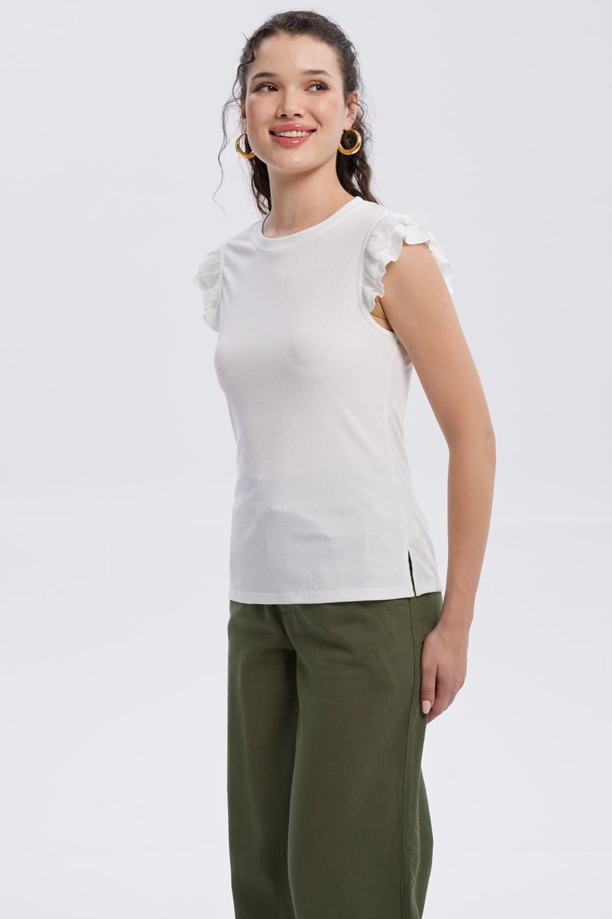 Polera Mujer Vuelos Rib Lisa Crudo