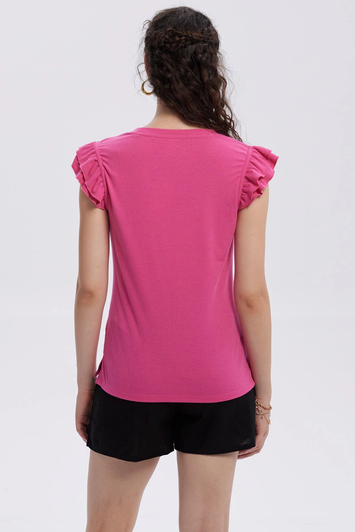 Polera Mujer Vuelos Rib Lisa Fucsia