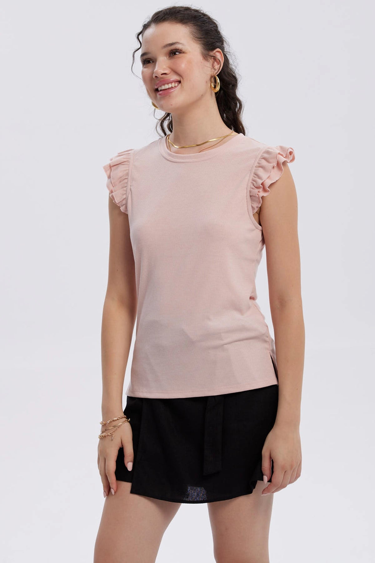 Polera Mujer Vuelos Rib Lisa Naranjo