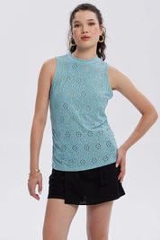 Polera Mujer Broderie Recogido Celeste