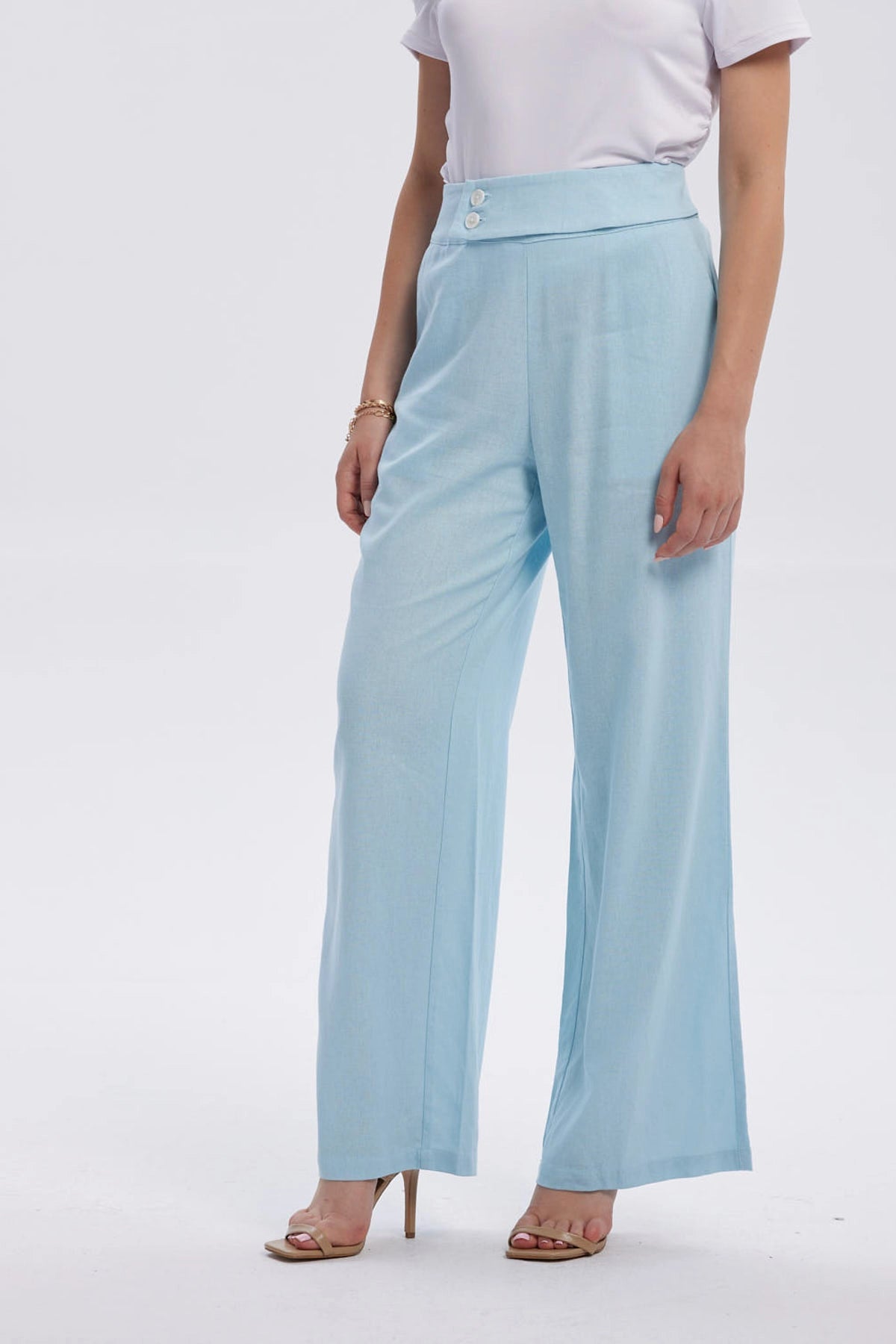Pantalón Mujer Lino Sastrero Cierre Celeste