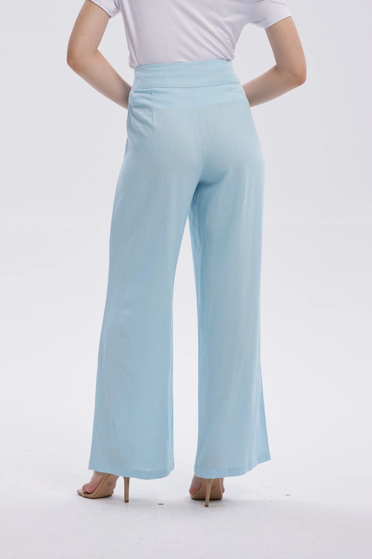 Pantalón Mujer Lino Sastrero Cierre Celeste