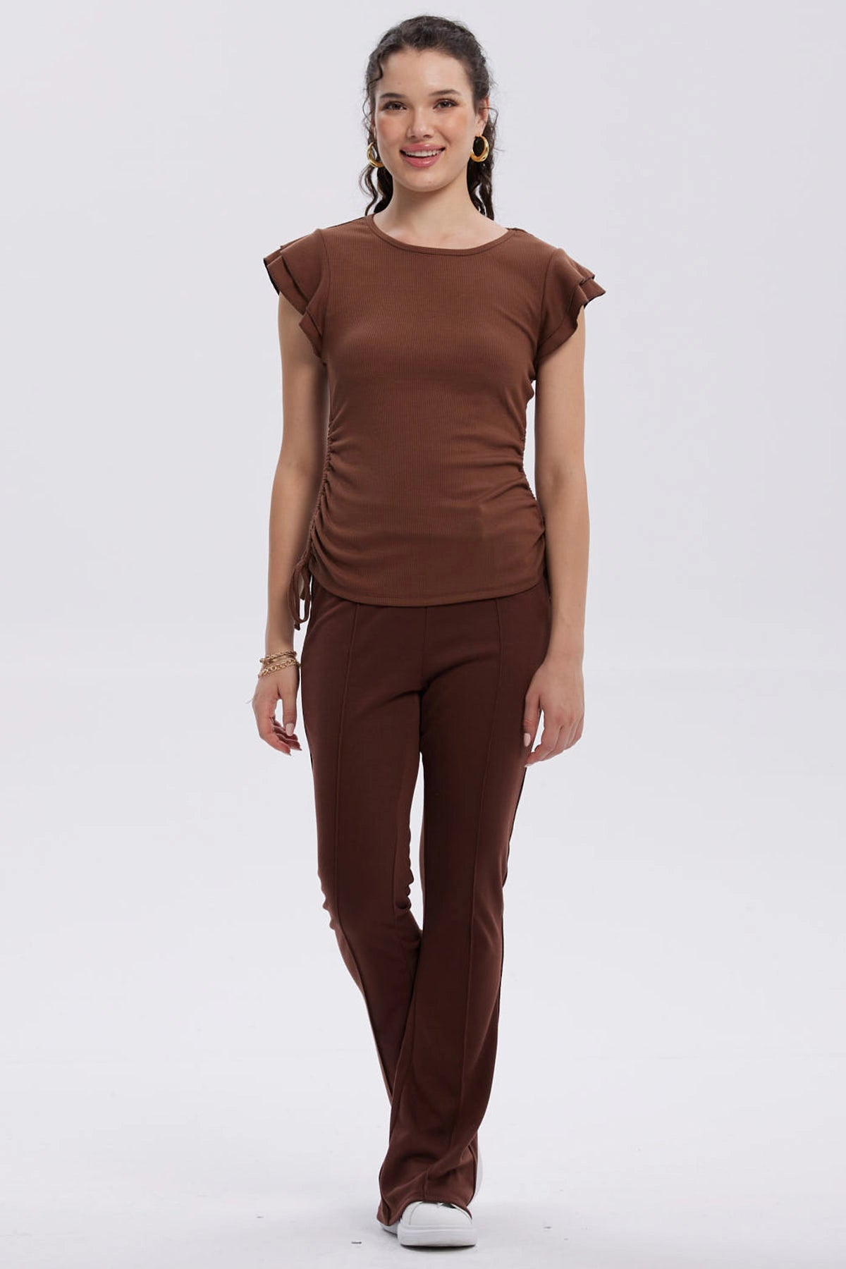 Polera Mujer Manga Vuelos Café Oscuro