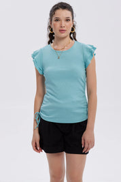 Polera Mujer Manga Vuelos Celeste