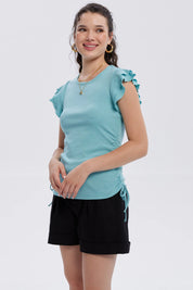 Polera Mujer Manga Vuelos Celeste