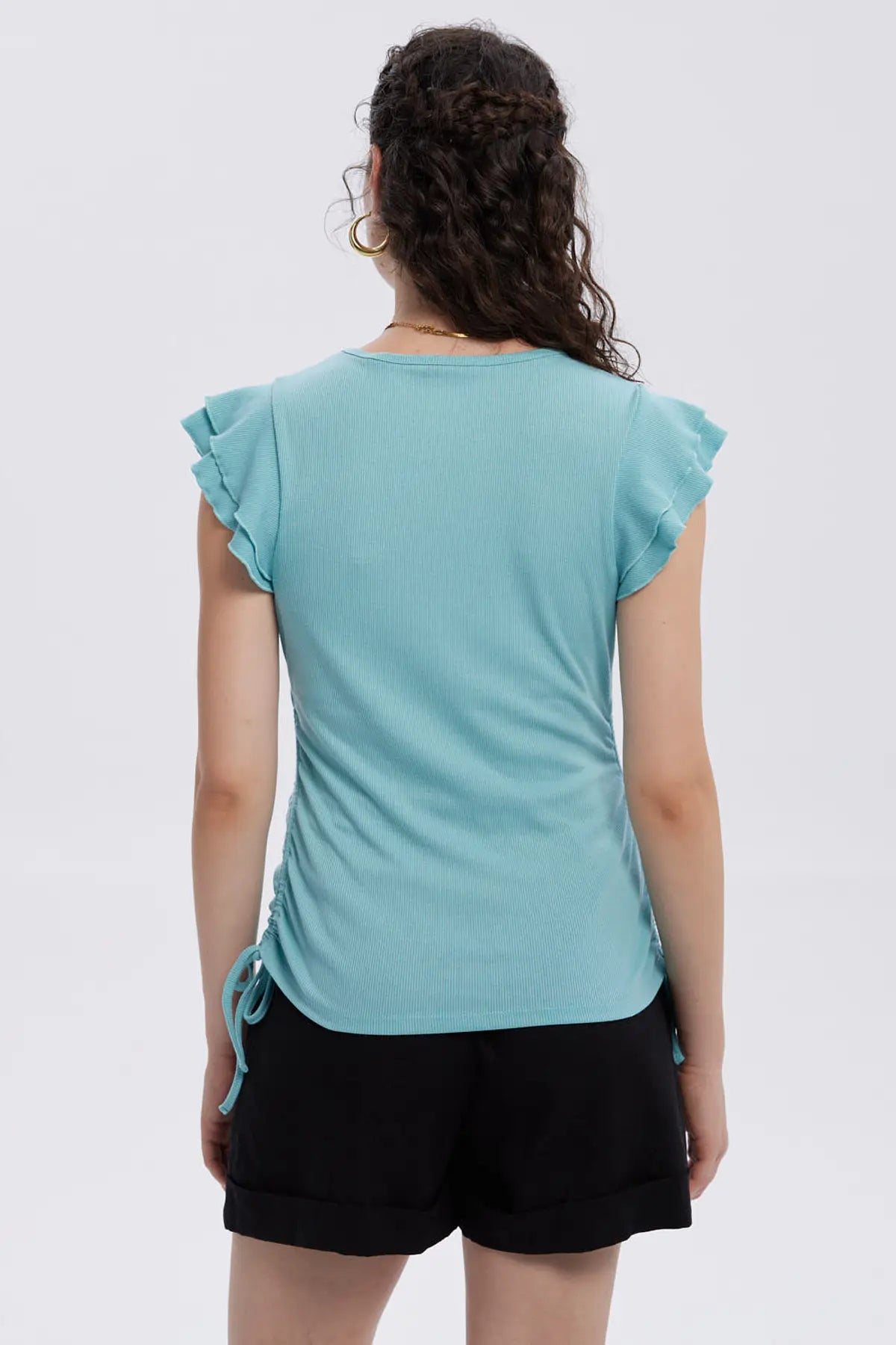 Polera Mujer Manga Vuelos Celeste