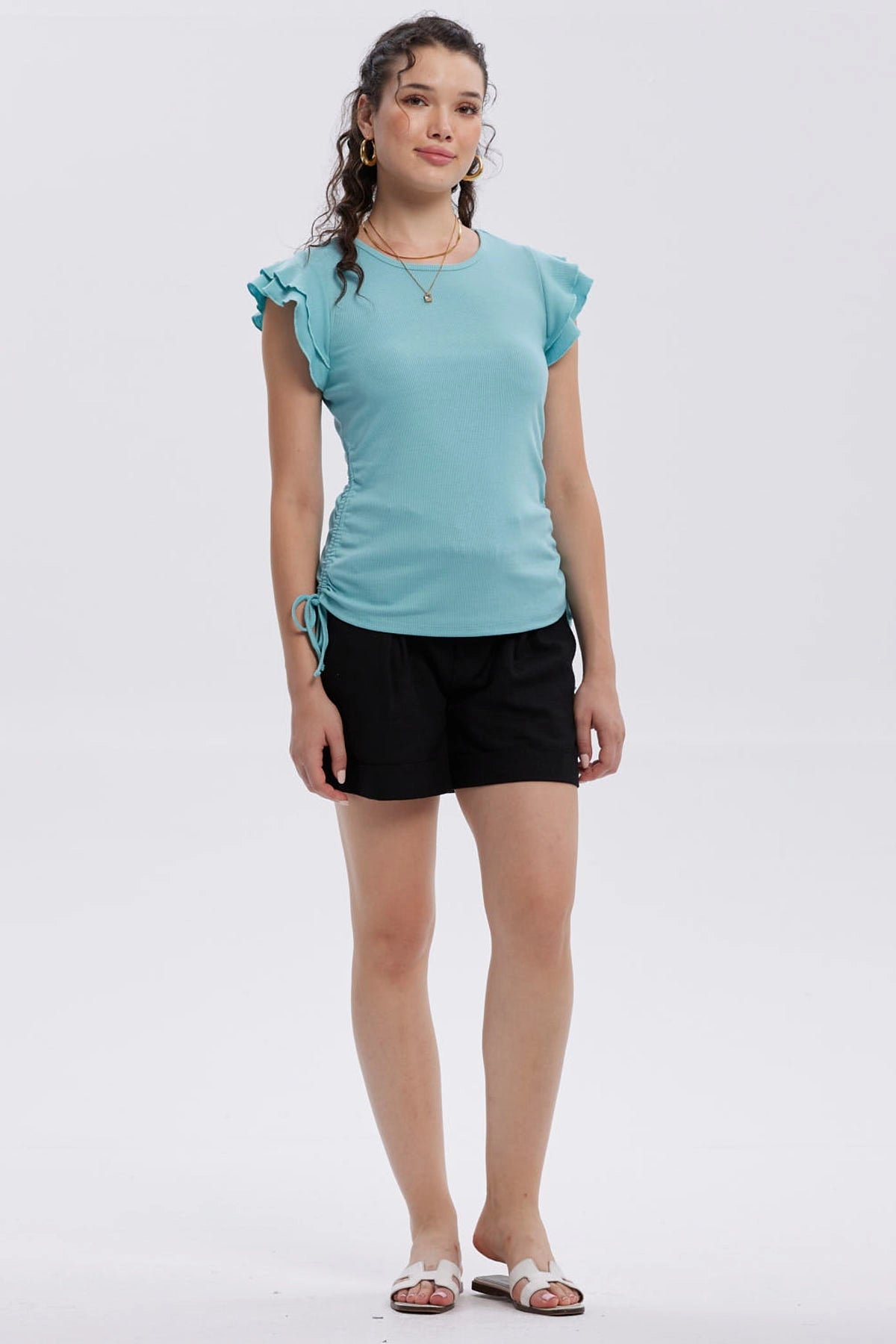 Polera Mujer Manga Vuelos Celeste