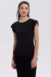 Polera Mujer Manga Vuelos Negro