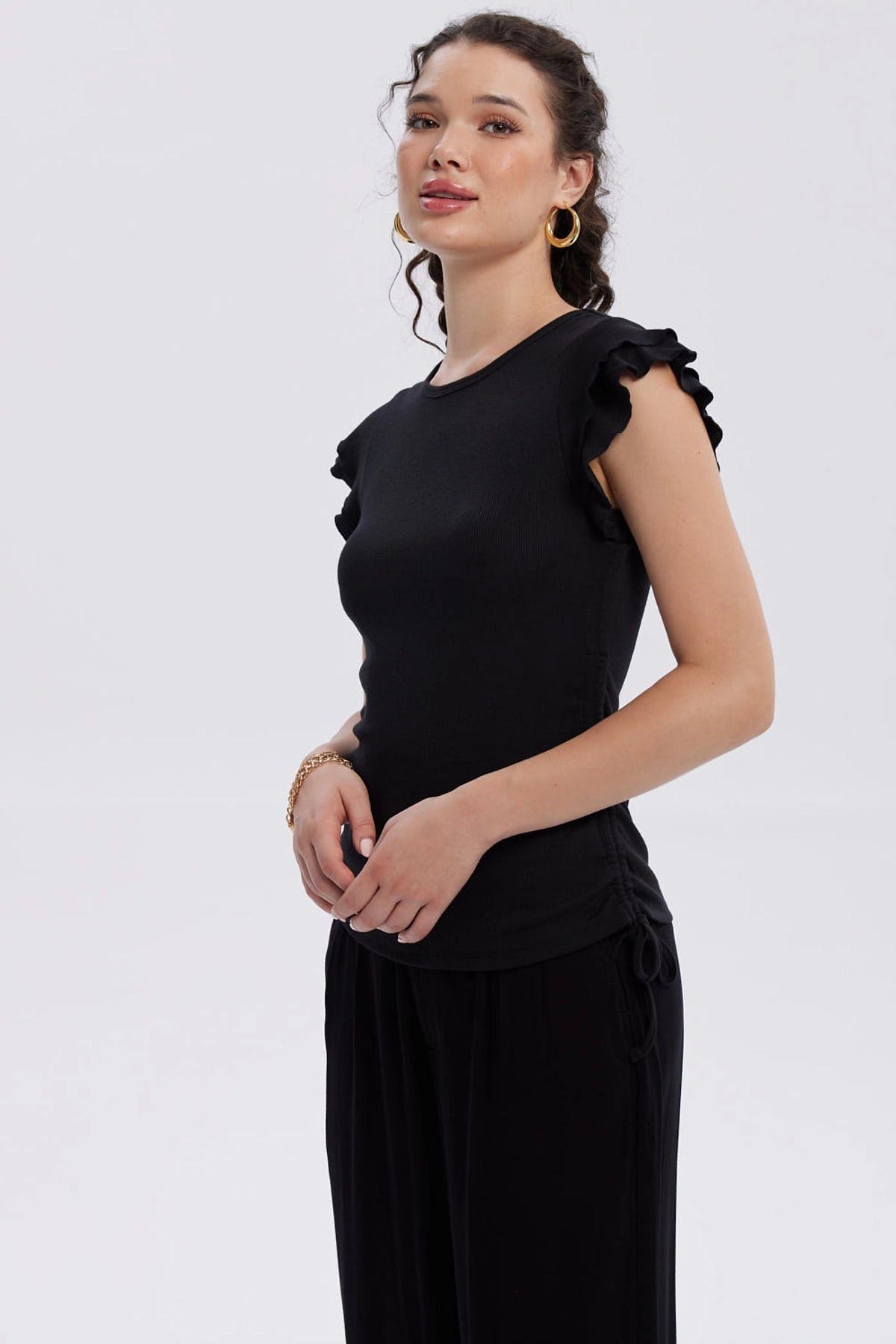 Polera Mujer Manga Vuelos Negro