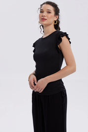 Polera Mujer Manga Vuelos Negro