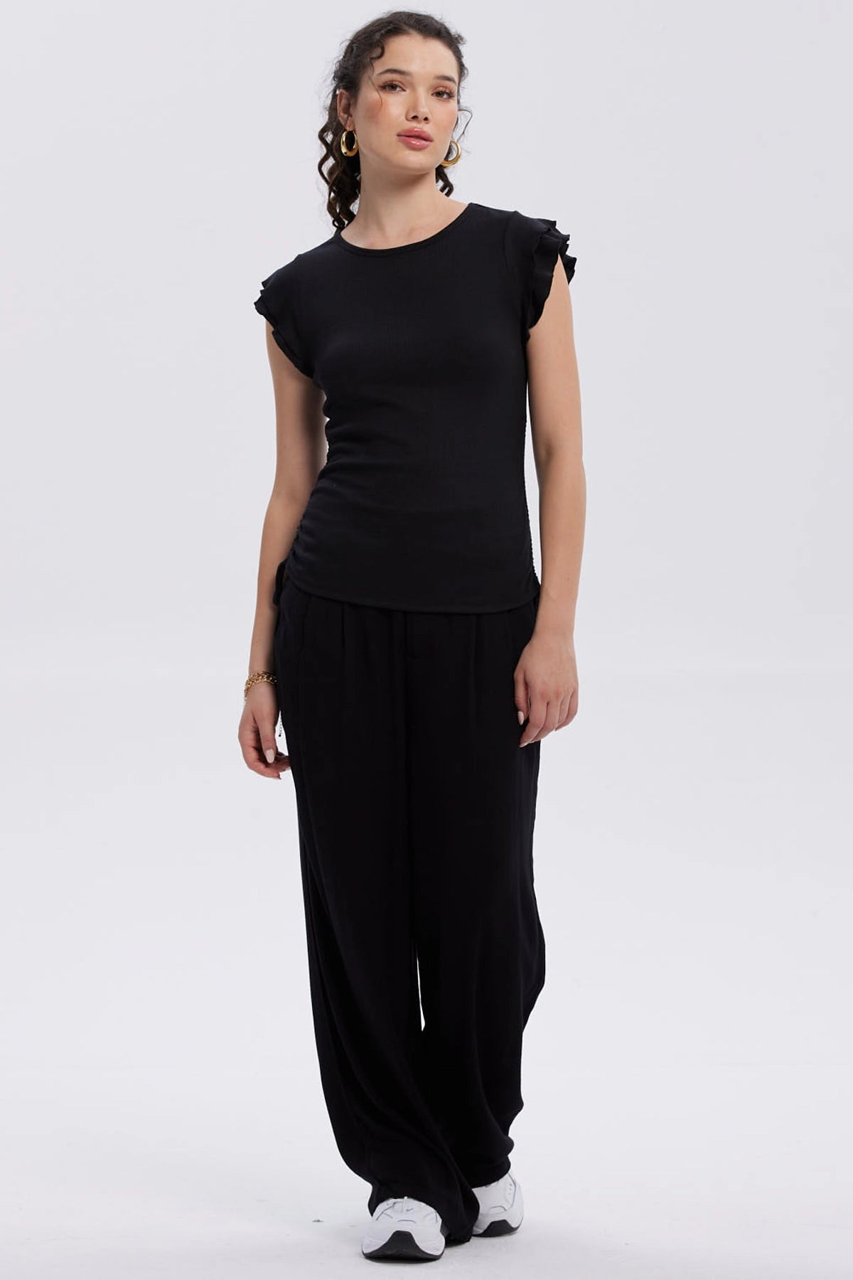 Polera Mujer Manga Vuelos Negro