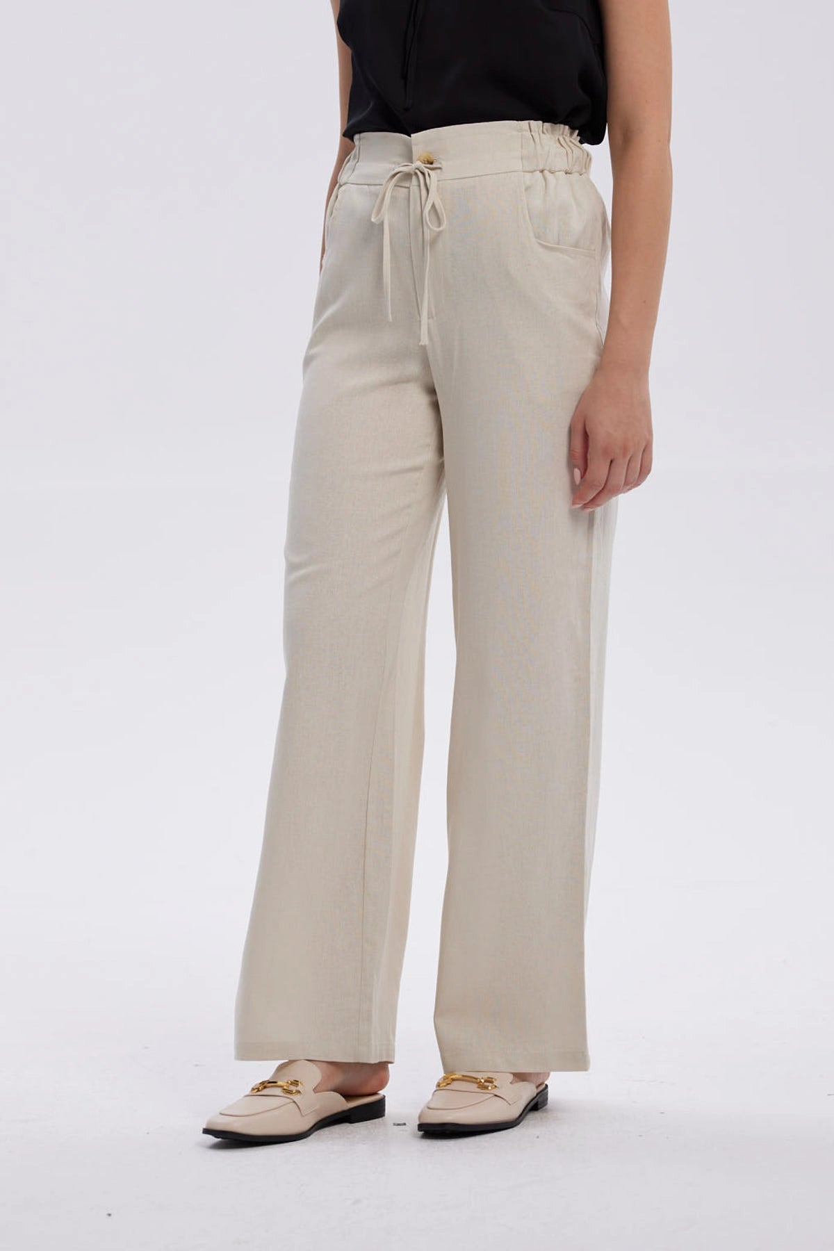 Pantalón Mujer Lino Amarra En Cintura Arena