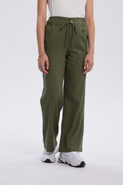 Pantalón Mujer Lino Amarra En Cintura Verde Musgo