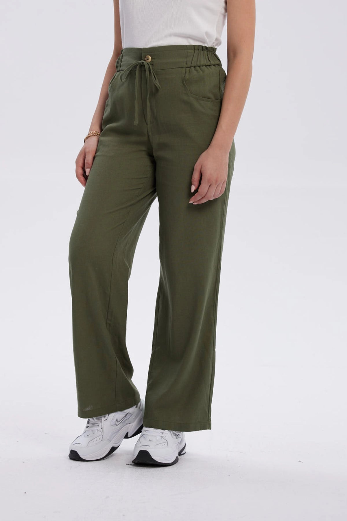 Pantalón Mujer Lino Amarra En Cintura Verde Musgo