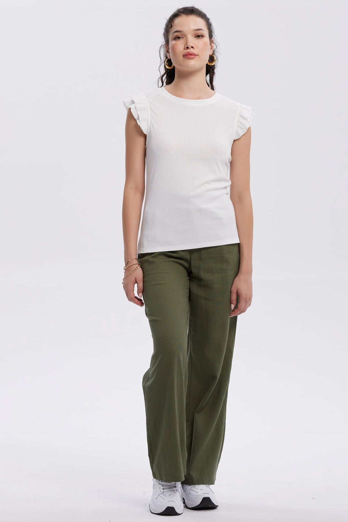 Pantalón Mujer Lino Amarra En Cintura Verde Musgo