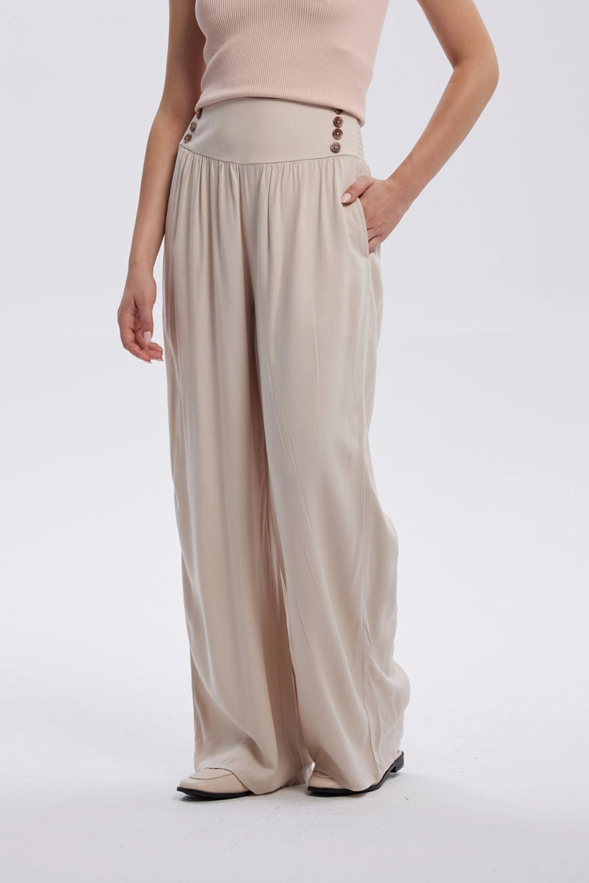 Pantalón Mujer Palazzo Aplicación Botones Arena