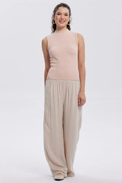 Pantalón Mujer Palazzo Aplicación Botones Arena