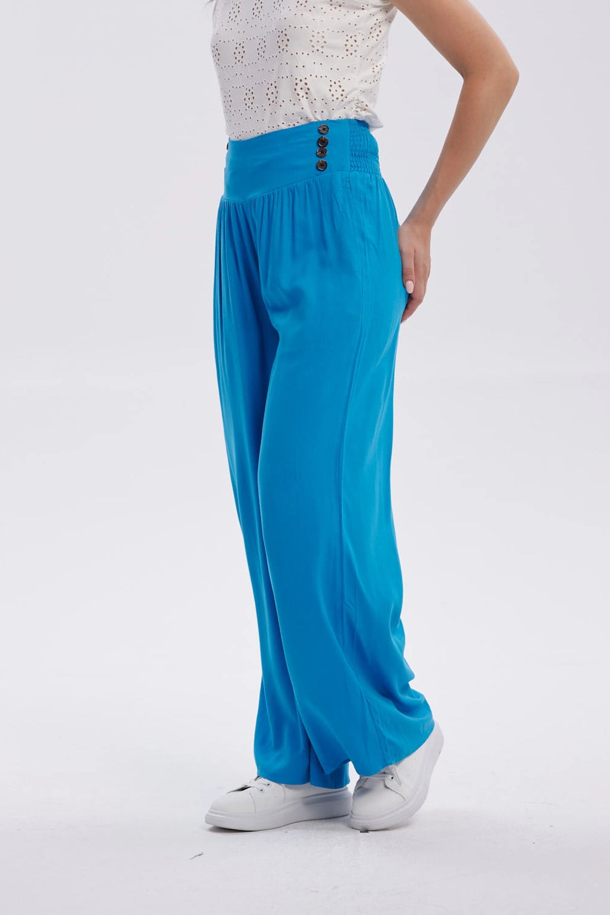 Pantalón Mujer Palazzo Aplicación Botones Azul Claro