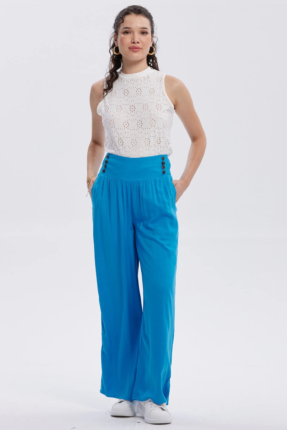 Pantalón Mujer Palazzo Aplicación Botones Azul Claro