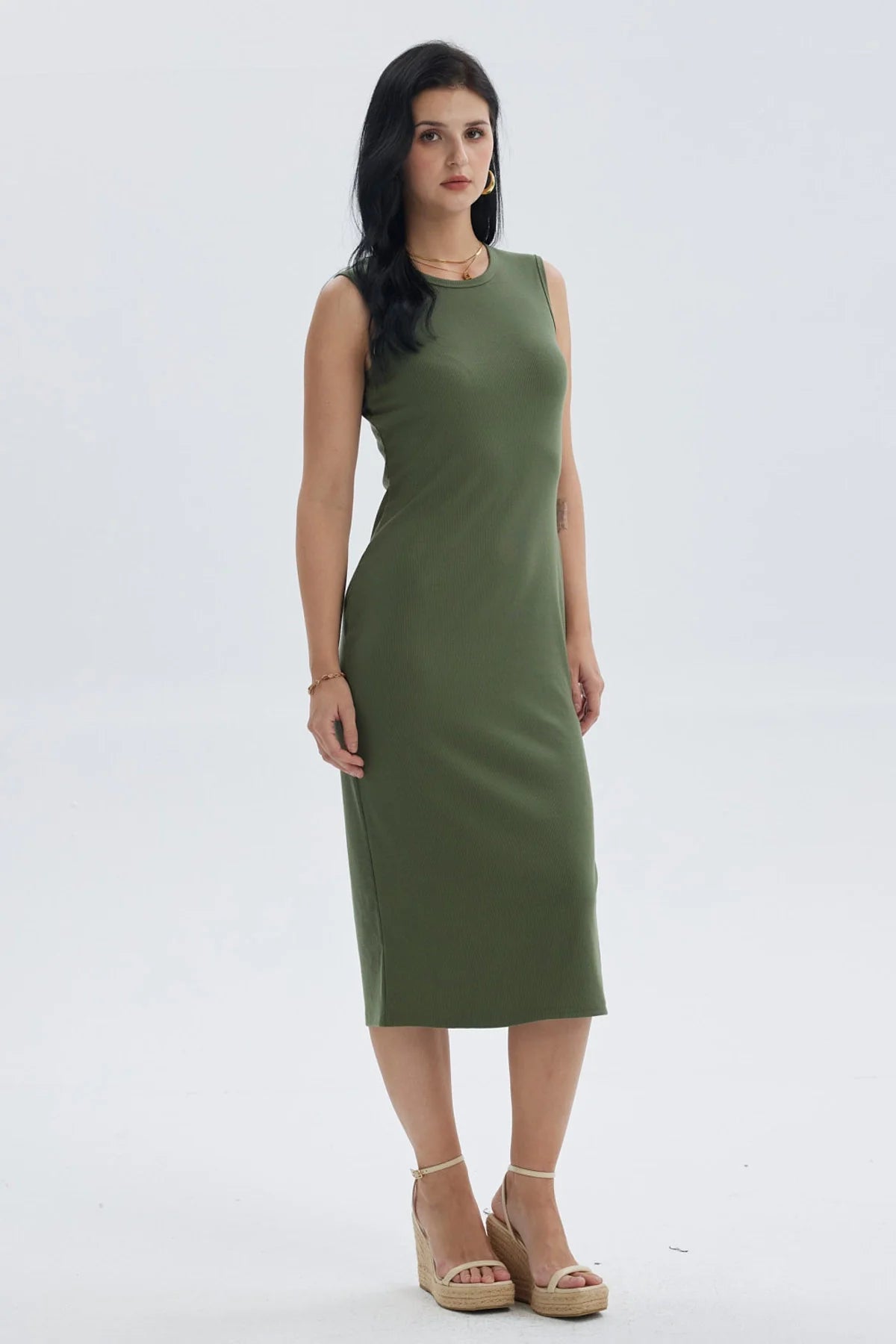 Vestido Mujer Largo Rib Verde Musgo