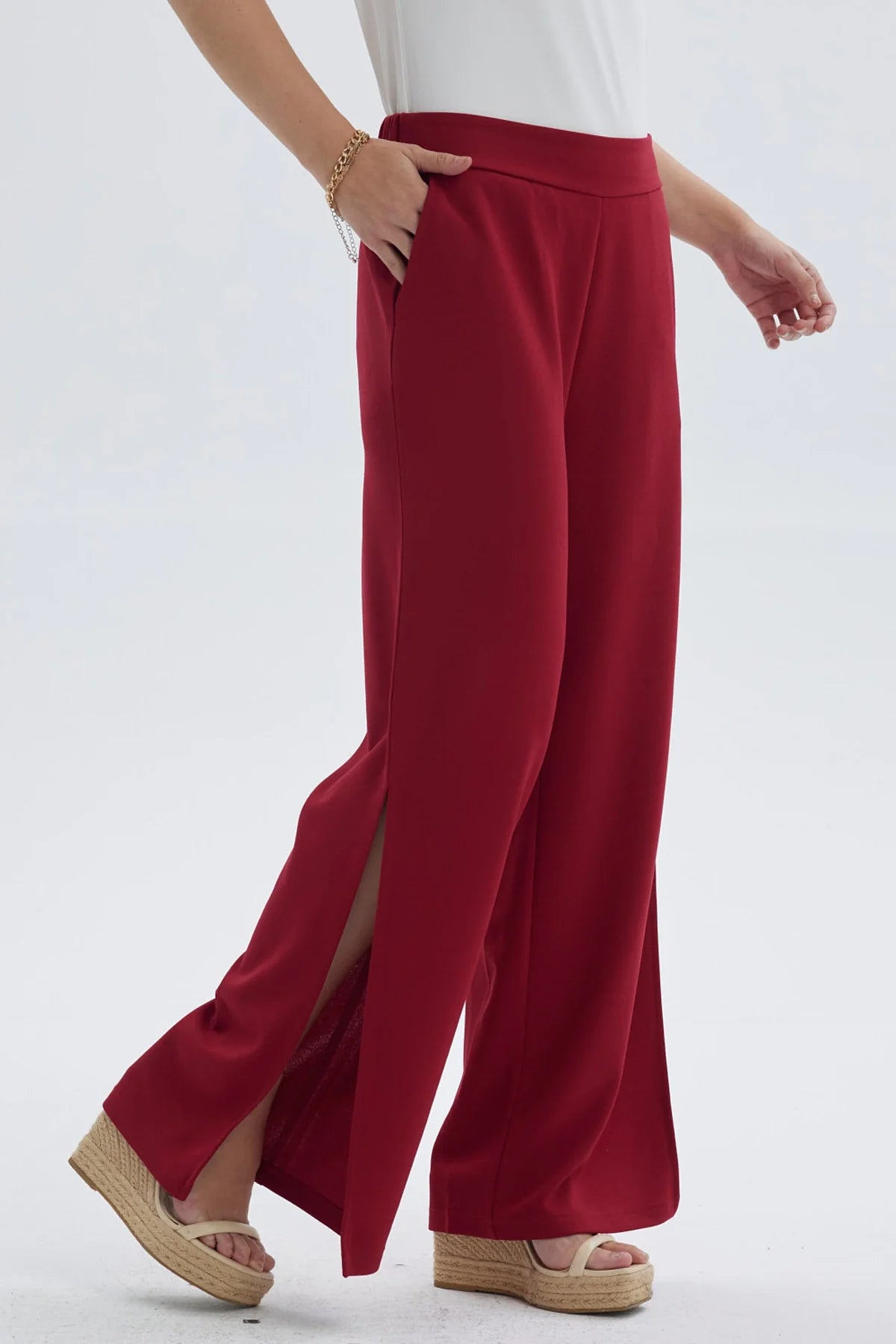 Pantalón Mujer Palazzo Pretina Elástica Rojo Oscuro