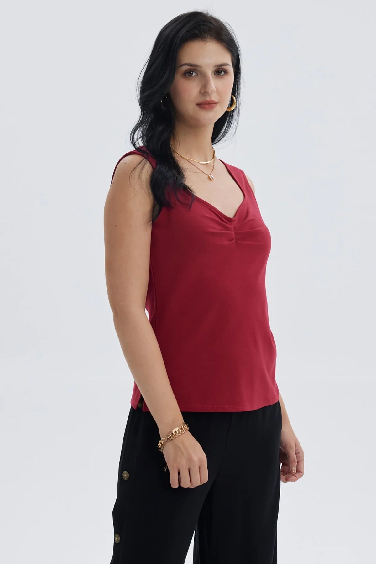 Polera Mujer Escote Cuadrado Rojo Oscuro