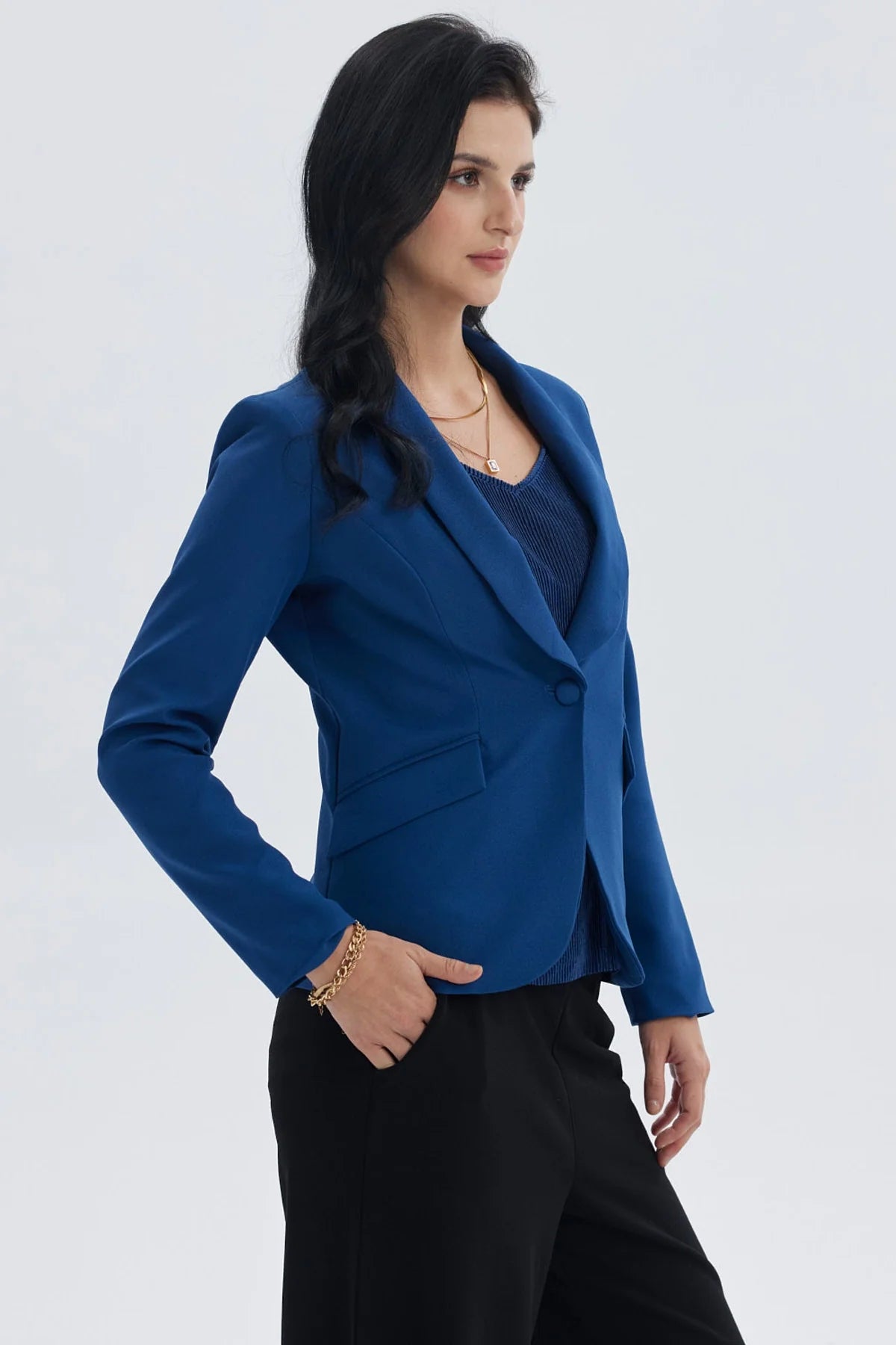 Blazer Mujer Tope Liso 1 Botón Azul Oscuro