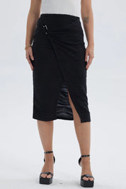 Falda Mujer Midi Cruzada Con Textura Negro